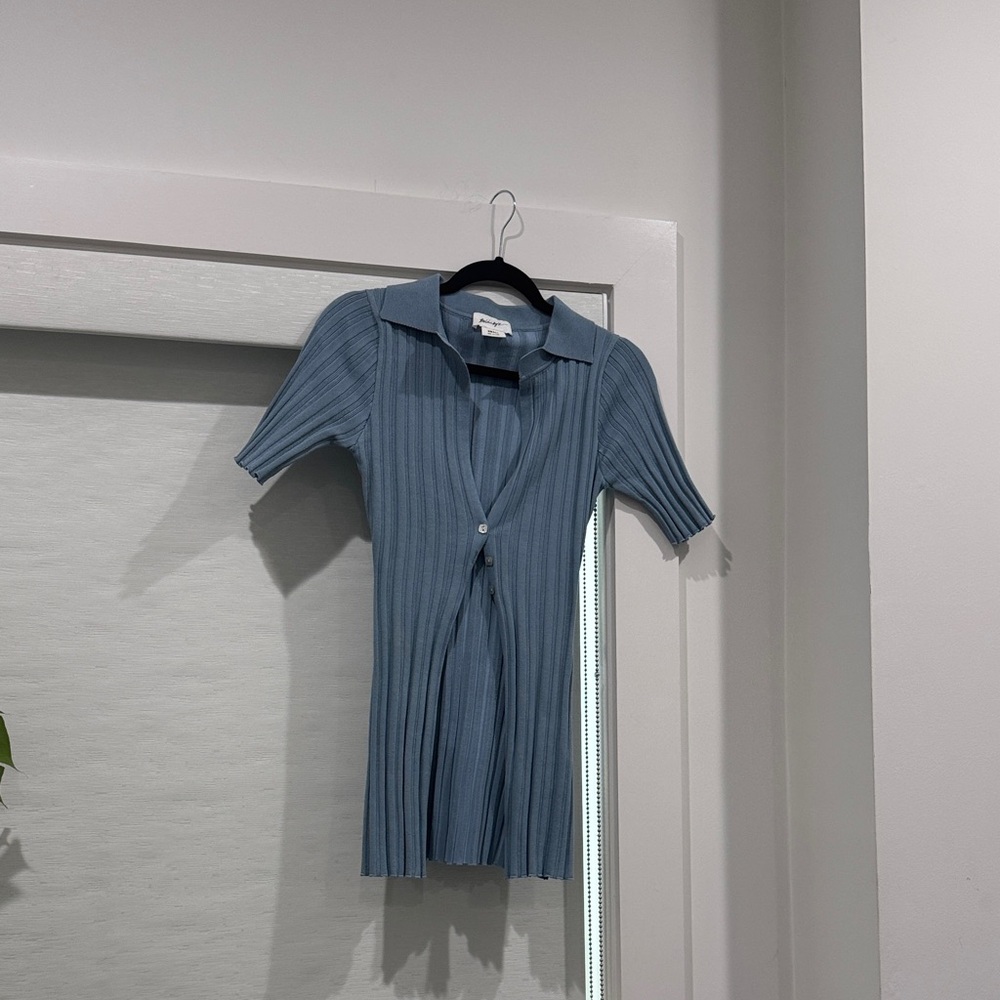 Blue Ribbed Short Sleeve Cardigan